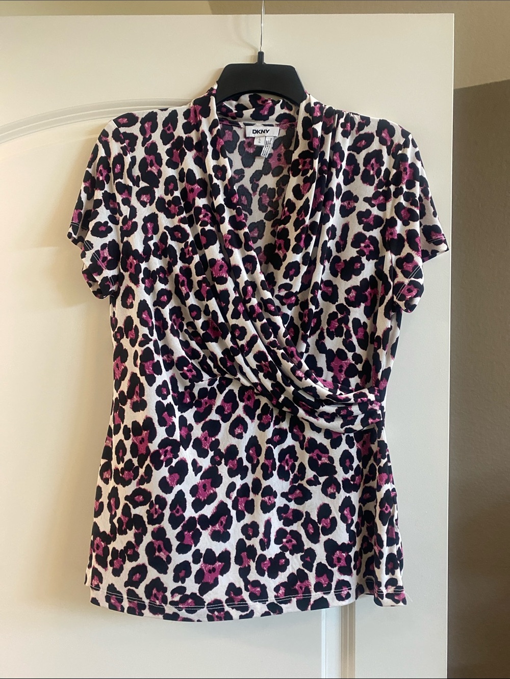 DKNY White Top with Pink and Black Leopard Print Wrap Front
